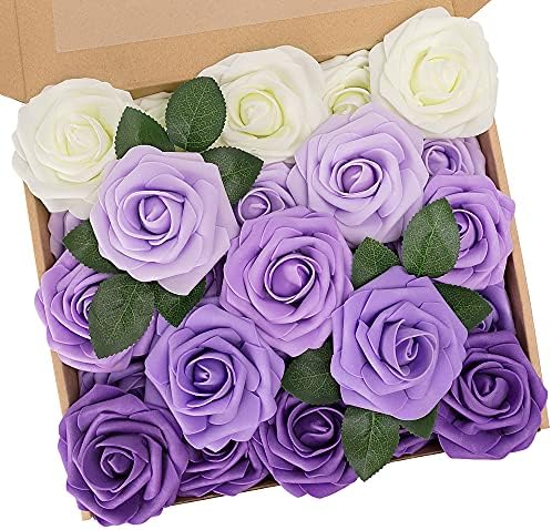 N&T NIETING Purple Roses Artificial Flowers 25Pcs Fake Flowers Foam Roses with Stems for DIY Wedding Bridesmaid Bridal Bouquets Centerpieces Party Home Decoration Baby Shower, Series Purple