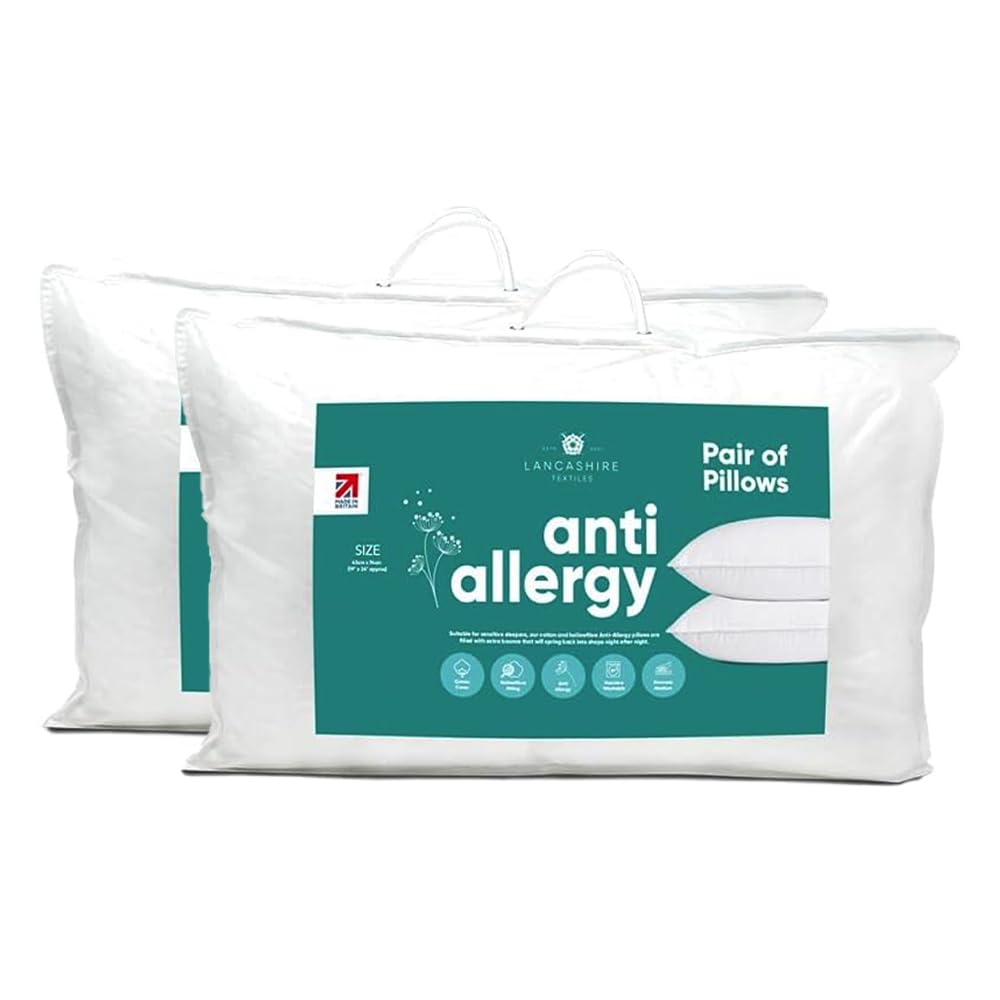 Lancashire Textiles 2 Pack Pillow Soft Egyptian Cotton Blend Anti-Allergy Bounce Back Pillow Pair (White) | Size - 48X74Cm | Hollowfibre Filling Medium Support and Comfort for Head and Neck