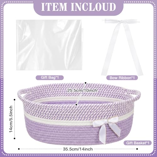 Image of Colingmill 1 Set Woven Basket for Gift Empty with Cellophane Wrap Set 14 x 10 x 5.5 Inch, Medium Decorative Gift Basket Empty to Fill, Cotton Rope Storage Box Decor (Light Purple White)