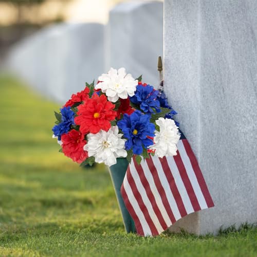 Image of 20 Heads Artificial Flower Patriotic Memorial Bouquet 13 inch Red White and Blue Flowers with Mums Hydrangea 4th of July Flowers for Cemetery Table Centerpiece Memorial Day Home Decor(No Vase)
