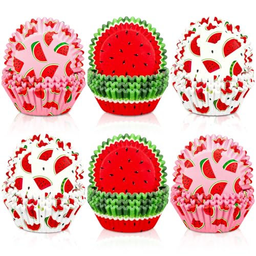 Whaline 300Pcs Watermelon Cupcake Liners Paper Baking Cups Summer Fruit Standard Muffin Cupcake Wrappers For Wedding Bridal Baby Shower Birthday Party Supplies