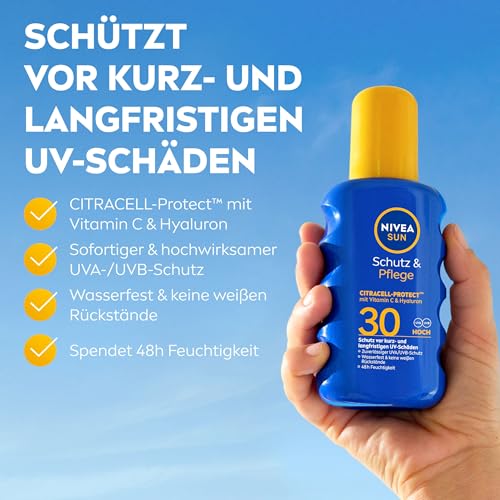 NIVEA SUN Schutz & Pflege Sonnenspray LSF 30, wasserfestes Sonnencreme Spray mit Vitamin C & Hyaluron, schnell einziehender Sonnenschutz für 48h Feuchtigkeit (200 ml)