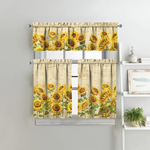 Image of Sunflower Kitchen Curtains 3 Piece Set Tier Valance Window Decor | 3 Piece Kitchen Curtain Set Includes 54x18in Valance and Two 27.5x36in Tier Curtains for Kitchen, Bedroom and Living Room