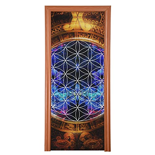 Poeticcity Ancient Mayan Calendar Purple Gold Pattern Flower of Life Door Cover, Washable Fabric Durable Door Decoration Silk Microfiber for Front Door Porch Home Indoor Outdoor Party 35x79 inches