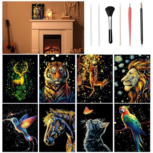 VLYX Kratzkunst für Erwachsene und Kinder, 8-teiliges Leuchtendes Regenbogen-Kratznotizen-Set mit Werkzeugen, Kreative Bastelmaterialien für Kinder & Erwachsene (Tier)