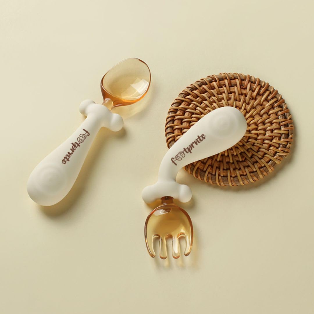 Footprnts™ - 360 Flexible Ergonomic Spoon and Fork | Baby and Toddler Utensils | 2 Fork & 2 Spoon & 2 Travel Case | Baby Led Weaning (BLW) Flatware | Bendable & Thick Easy To Grip Silicone Handle