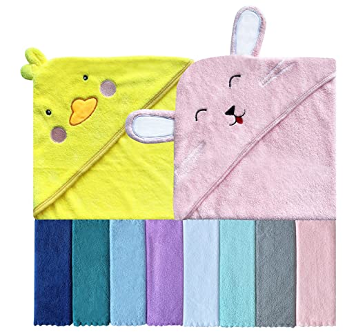 Image of Sunny zzzZZ Baby Hooded Bath Towel and Washcloth Sets, Baby Essentials for Newborn Boy Girl, Baby Shower Towel Gifts for Infant and Toddler - 2 Towel and 8 Washcloths - Duck and Rabbit