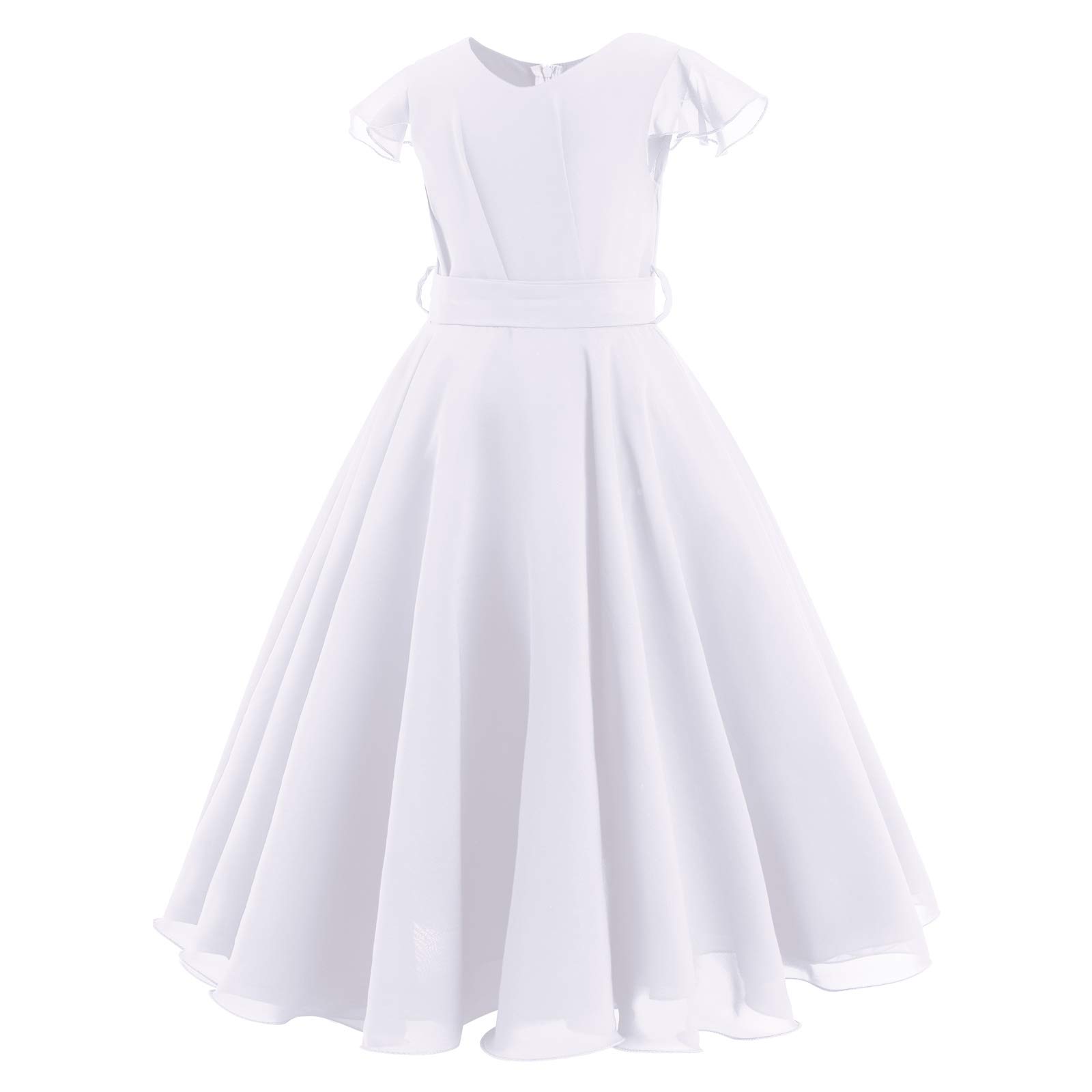 Flower Girls Chiffon A-line Dresses Cap Sleeves Floor Length Holy Communion Dress Junior Bridesmaid Party Pageant Dance Maxi Gown Birthday Christening Wedding Party Gown White 3-4 Years
