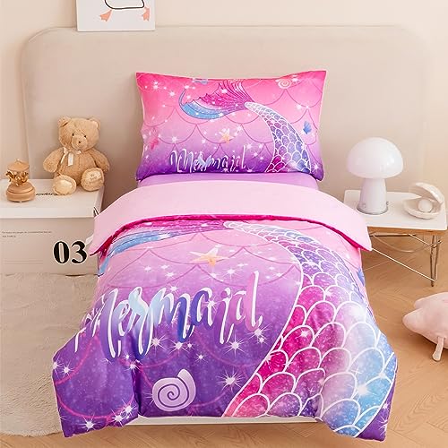 STYHO Pink Purple Mermaid Bedding Sets Double 3 Pieces Colorful Rainbow Duvet Cover Set for Girls Soft Gradient Tie Dye Kids Bedding Duvet Set(Pink Purple Mermaid