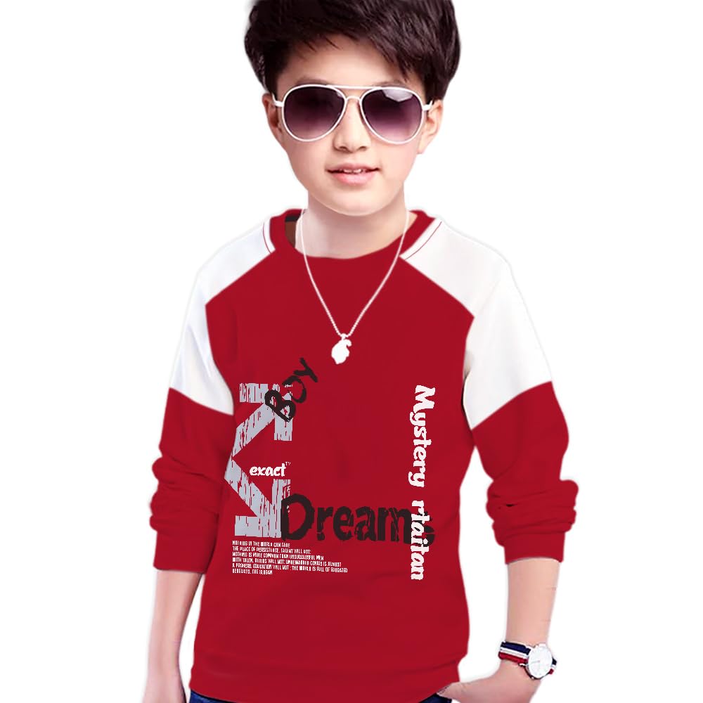 MYEONN Boys Stylish Round Neck Full Sleeve Printed T-Shirt (Maroon)