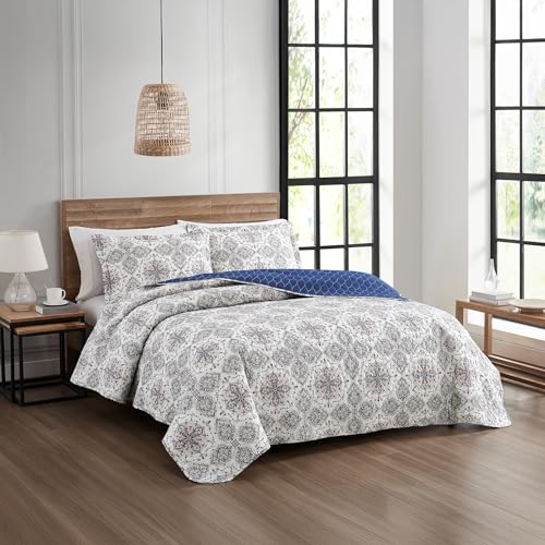Image of Modern Threads Soren 3-Piece Multicolor Medallion Quilt Set, Soft Lightweight Cotton Bedspread with Reversible Design and 2 Pillow Shams, Bohemian Blue, King