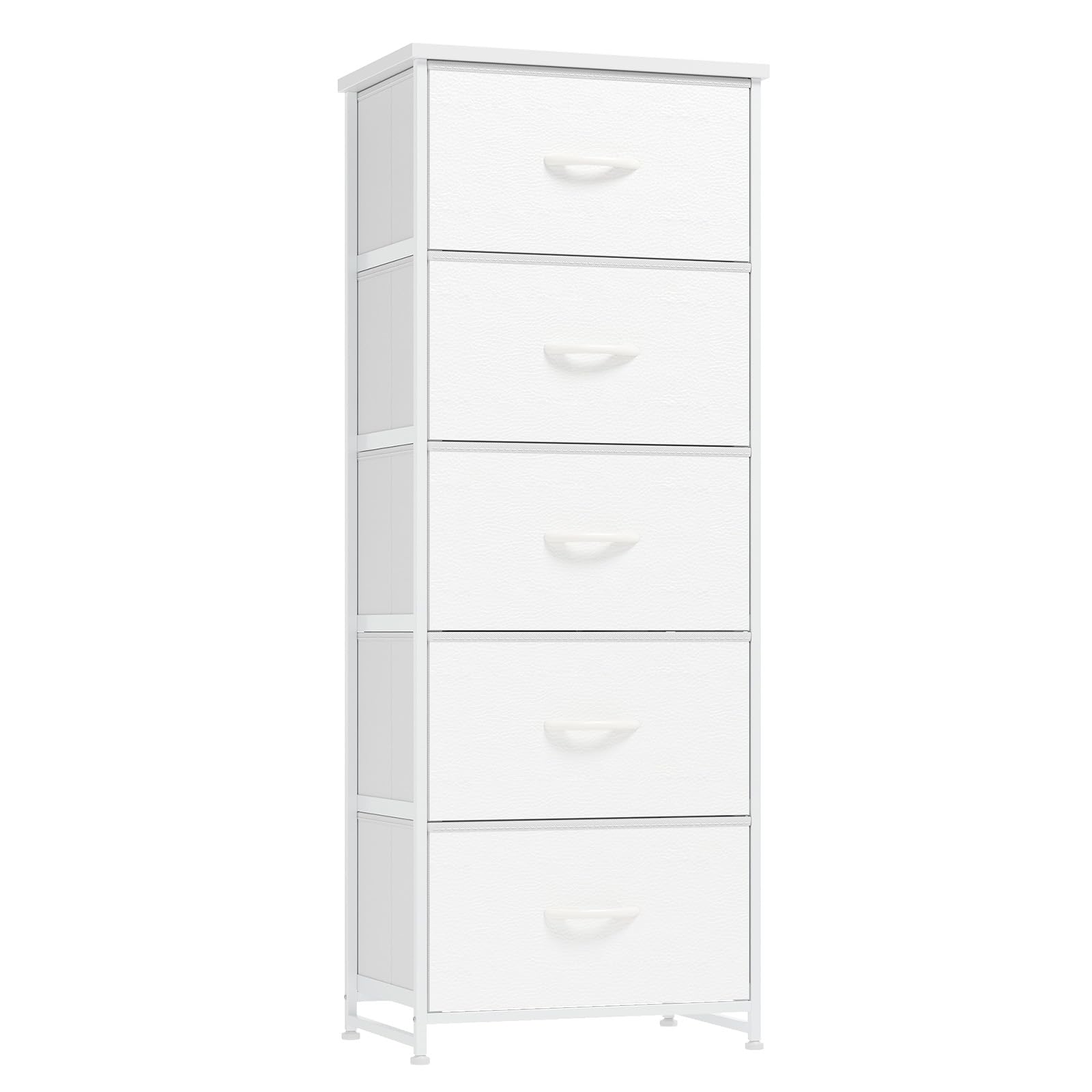 Nicehill Chest of Drawers for Bedroom, 5-Drawer Tall Dresser with Wood Top and Sturdy Steel Frame, Fabric Storage Drawers for Closet, Hallway & Living Room, White Leather