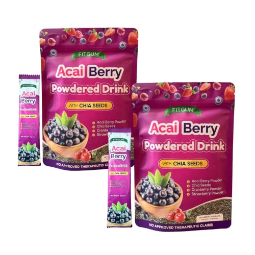 2-Pack Fit Gum Acai Berry Powdered Drink With Chia Seeds | Acai, Strawberry & Cranberry Blend | 4G X 20 Sachets