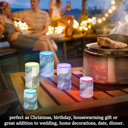Image of Blue and Gray Gold Marble Flickering Flameless Candles LED Battery Operated with Remote Timer Pillar Candles for Home Birthday Wedding Christmas Decor, Set of 2