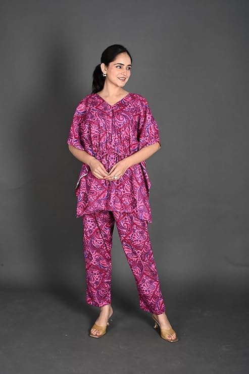 Image of Vlazom Women's 100% Cotton Printed Kaftan & Pyjama Set - Combo Pack of 2 | Free Size Nightwear with Pocket | Soft Cotton Loungewear Co-ord for Women
