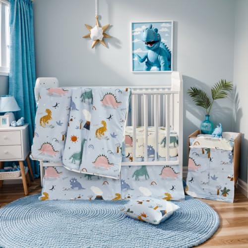Image of Brandream Roar Dinosaurs Baby Nursery Crib Bedding Set for Boys 100% Soft Cotton Crib Quilt Comforter Set, Blue Cream White Classic Cute Dino Print, 6 Pieces