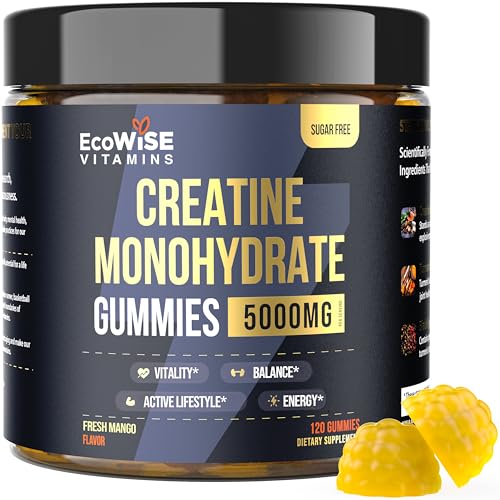 ECOWISE VITAMINS Creatine Monohydrate Gummies 5000 mg per Serving Mango Flavor with Turmeric Root & Black Pepper Sugar Free Vegan Creatine Gummies 120 Gummies 30 Servings
