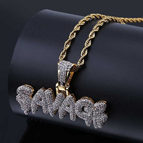 Hip Hop Iced Out Cubic Zircon Drip Bubble Letter Savage Pendant Necklace with 24inch Stainless Steel Rope Chain4