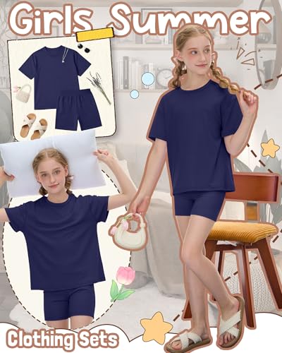 Image of Oakgarden Summer Outfits for Girls 5-14Y Athletic Casual Sets Kid Short Sleeve Shirt Bike Shorts 2 Piece Tween Trendy Clothes