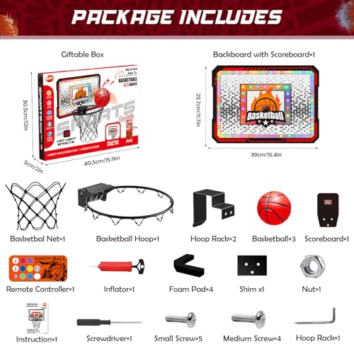 VATOS Basketballkorb Indoor für Kinder, LED Basketballkörbe mit 6-Farbiger Lichteffekt, Fernbedienung, Anzeigetafel und 3 Bällen, Basketballspiel über der Tür Spielzeug Geschenk für Jungen Kinder 5–12