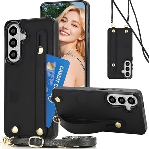 Fofvccv Funda Cruzada para Samsung Galaxy S26 con cordón, Funda Antigolpes de Piel con Soporte de Pulsera Ajustable Ranura Tarjetas y Correa Cruzada para Samsung S26   KB Black
