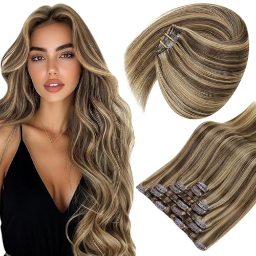 Image of Sunny Hair Clip in Hair Extensions Real Human Hair Brown Highlight 14 Inch | Clip in Hair Extensions for Women Caramel Blonde Highlights, Secure Clips, Easy to Wear, Natural Blend for Formal Event 105g