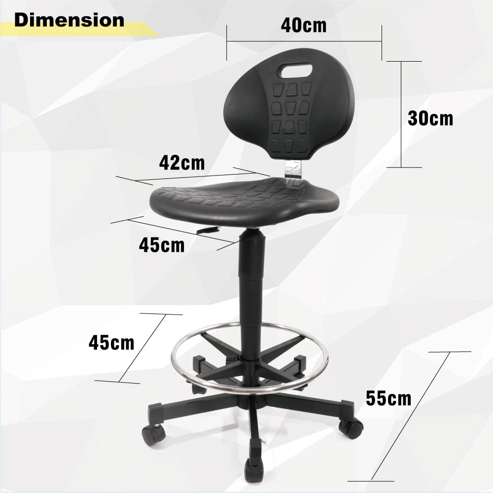 Silla de trabajo de altura alta, 52 cm~80 cm, altura regulable, poliuretano, con anillo para el pie