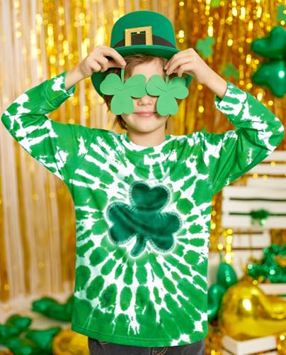 Image of Unisex Kids St. Patrick's Tie Dye Irish Clover Long Sleeve Shirt Shamrock Green Sweatshirt 6-14 Years