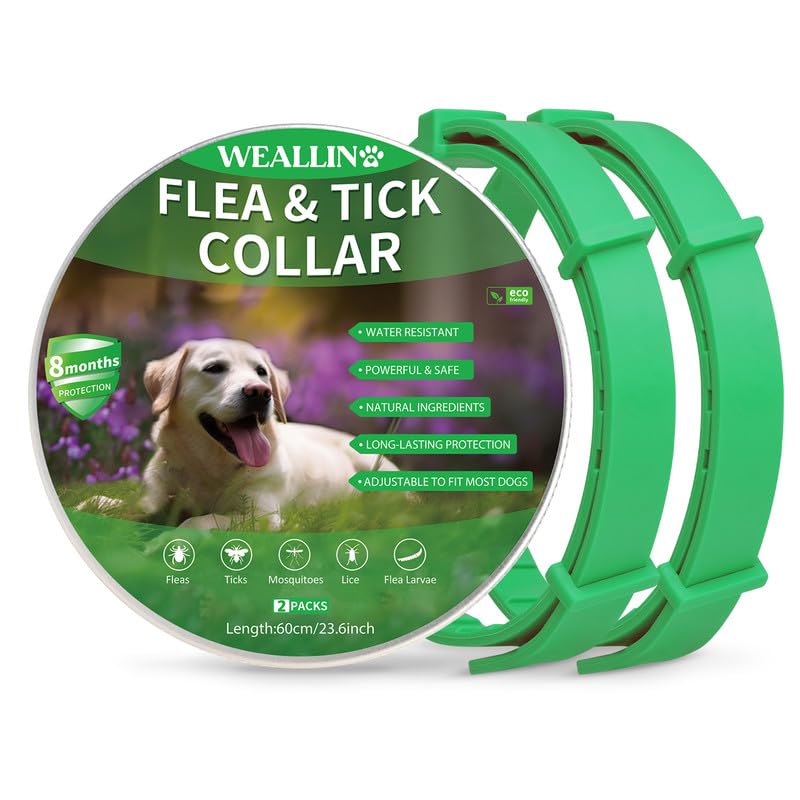 WEALLIN Collares Antiparasitario para Perros, Collar Antipulgas Perros Impermeable Regulable con 8 Meses de Protección, Collar de Pulgas y Garrapatas para Perro Cachorros Grandes, Verde (2 Pack)