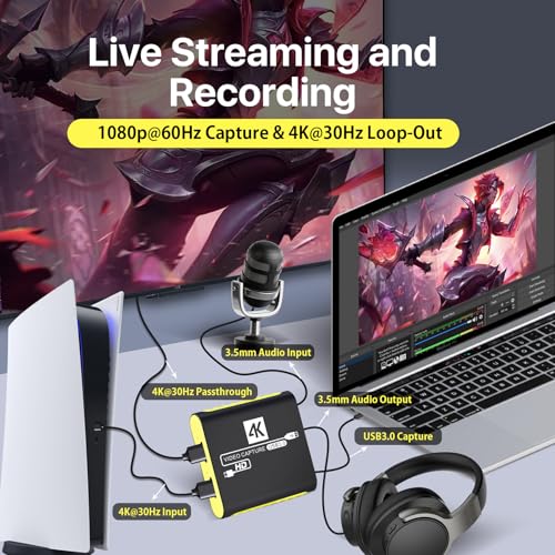Image of USB 3.0 HDMI Video Capture Card for Nintendo Switch 2 1080P 60FPS Streaming | Plug & Play, No Driver, 4K@30Hz Passthrough, Mic Input, Audio Monitoring, Compatible with Switch, PS5, Xbox, OBS, PC, Mac