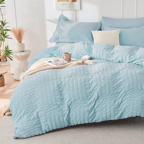Image of HYMOKEGE Lake Blue King Size Comforter Set Seersucker 7 Pieces, All Season Luxury Bed in a Bag for Bedroom, Bedding Set with Comforters, Sheets, Pillowcases & Shams