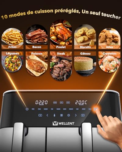 Air Fryer 11L Double friteuse sans huile XXL(4+7L) 2 compartiments Airfryer 2600w Dual Zones,10-in-1 Programmes, Écran Tactile & fonction SYNC, Rappel de Secousse, passe au lave-vaisselle – Image 6