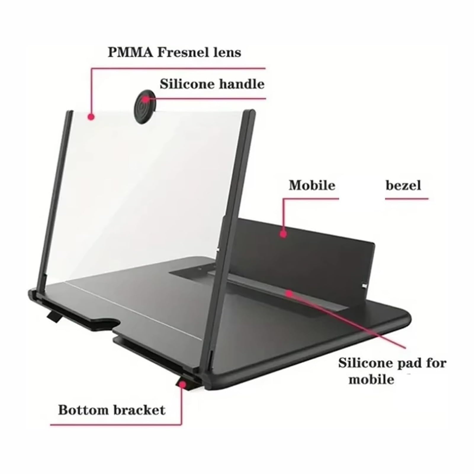 Tragbarer Hd-bildschirmvergrößerer mit 3D-hd-projektor Und Faltbarem Ständer for Filme, Videos Und Spiele, Kompatibel mit Allen Smartphones(Black)