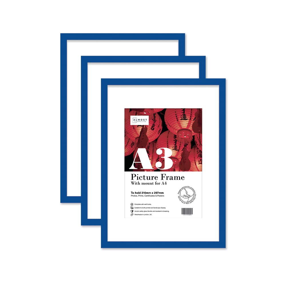 Almost Frameless A3 Blue Picture Frame Set of 3, Display A4 Pictures with Mount or A5 Without Mount Gallery Wall, Poster, Photo, Artwork, or Print, Blue