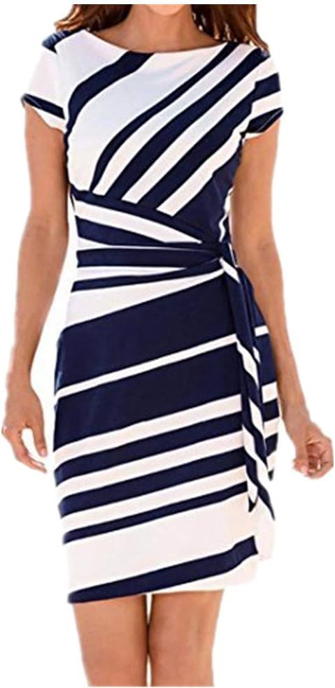 Nikuya Women's Casual Mini Dresses Working Dresses Pencil Stripe Party Dress White Evening Dresses (Blue, S)