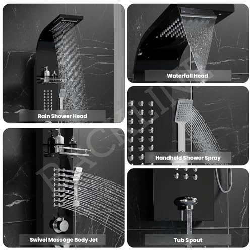 Image of Backline SS304 6 In 1 Shower Panels for Bathroom /Dual Flow Overhead Waterfall & Rainfall Shower /Hand Shower /Hot & Cold Water Mixer /Built-in Shelf for Shampoo Storage /Shower Panel (Black Glossy)
