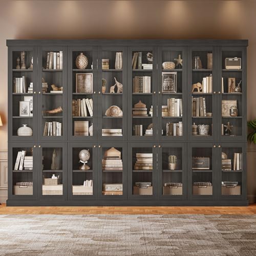 Image of ivaniti 70.8 inch Bookshelf with Glass Doors, Farmhouse Modular Bookcase with 6-Tier Adjustable Shelves, Large Storage Cabinet for Living Room & Home Office, Set of 4, Black
