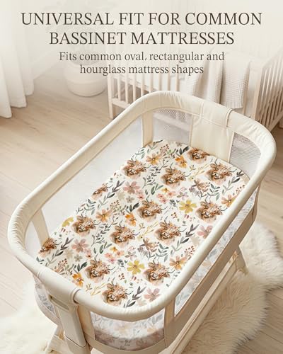Image of Bassinet Sheets for Baby Girls Boys 2 Pack, Fitted Baby Mattress Sheet for Rectangle, Oval, Hourglass Bassinet Mattress, Breathable Cozy & Universal Fit (Cottage Cow, Bassinet Sheet)