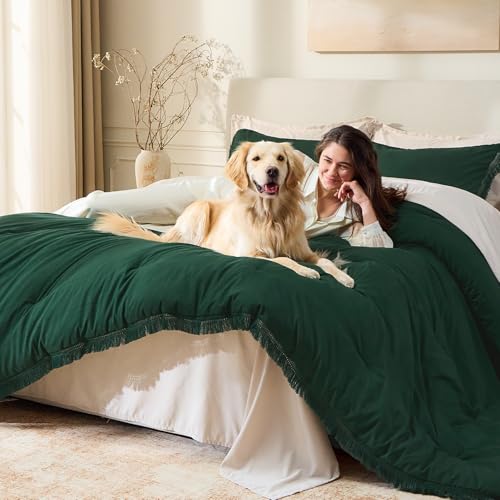 Image of Andency Comforter Set Oversized King Dark Green 120x120, 3 Pieces Boho Fall Tassel Lightweight Bedding Comforter Sets, All Season Soft Bed Set (1 Comforter & 2 Pillowcases)