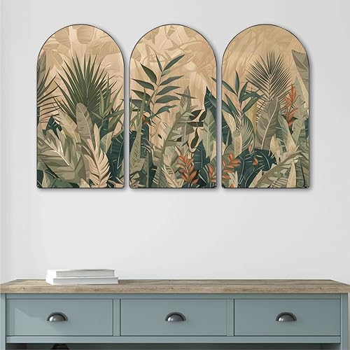 Image of Livin'luxe Tropical Green Leaf Wall Painting | Modern Botanical Triptych Art on MDF | Set of 3 Panels Jungle Theme Wall Decor for Living Room, Bedroom, Dining & Office (20 x 30 Inch) RPNS-36
