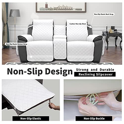 Image of Easy-Going Loveseat Recliner Cover with Console, Reversible Couch Cover for Living Room, Split Sofa Cover for Each Seat with Elastic Straps for Kids, Dogs, Pets(2 Seater, White /White)
