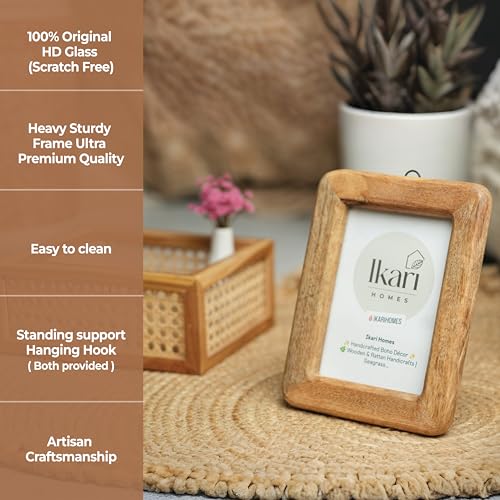 Image of Ikari Homes Wooden Rectangular Photo Frame,Handcrafted Boho Design, Antique Finish,Set With High Definition Glass,Photo Frames For Table & Wall Mount,Home & Office Decor - 5 X 7 Inches