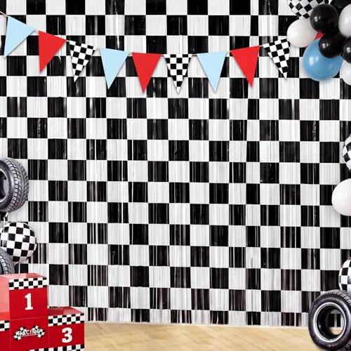 Image of Tiamon 2 Pack Race Car Party Decorations 3.3 x 6.6 Ft Foil Fringe Curtains Backdrop Black and White Checkered Tinsel Streamers Photo Booth for One Happy Dude Birthday Party Supplies