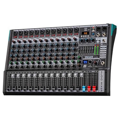 DJ Mixer, TKLBLS Professional 12 Channel Audio Mixer Board with 99-Bit DSP, Sound Board Mixing Console 7-Band EQ Output, USB Audio Interface, Bluetooth 48V Phantom Power For Karaoke Studio Streaming