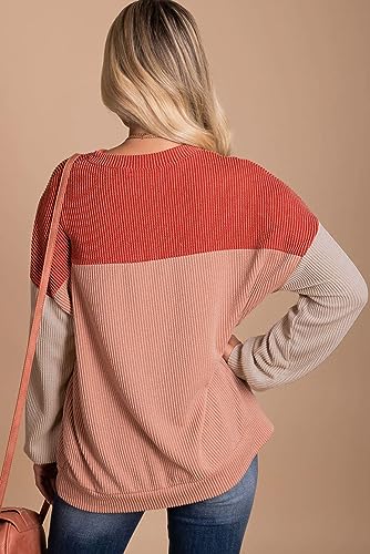 Image of Dokotoo Womens Tops Fashion 2026 Color Block Long Sleeve Shirts for Women Crewneck Knitted Casual Loose Blouses