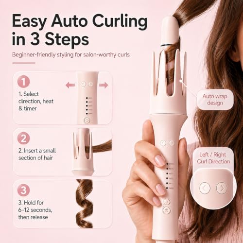 Image of Automatic Curling Iron Rotating - 3-in-1 Self Curling Hair Curler with Straightener +1.1+1.25 Inch Barrels,3 Temp, Negative Ion Ceramic,Anti-Scald,Anti-Tangle & Fast Heating, Lightweight for Travel