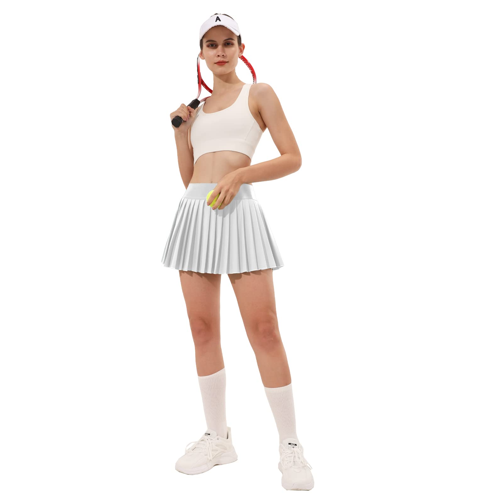 Falda de tenis plisada para mujer, pantalones cortos integrados, faldas deportivas atléticas de cintura alta, con bolsillos, holgada, casual, Blanco, Medium