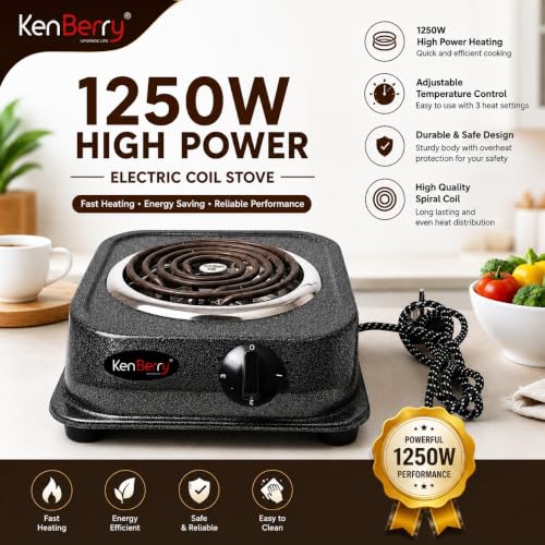 Image of KenBerry 1250W Heavy Duty Electric Coil Stove | Adjustable Temperature Control | High Performance Heating Coil | Durable Metal Body | Ideal for Hostels, PGs, Home Kitchens & Everyday Cooking.