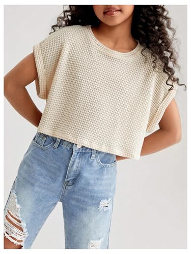 Girl's Waffle Knit Short Sleeve T Shirt Casual Summer Crew Neck Cropped Tee Tops3