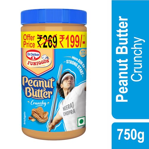 Image of Dr. Oetker FunFoods Peanut Butter Crunchy,750G|91% Roasted Peanuts|25% Protein per 100G|Source Of Vitamin E,B3 & B6|Nutty & Sweetened Nut Butter|Plant-Based Protein Spread